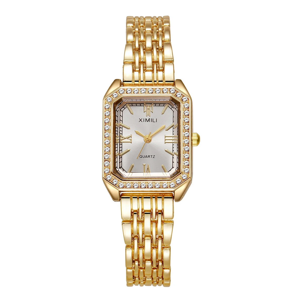 Reloj de cuarzo tono dorado con esfera cuadrada, eslabones dorados y acentos de circonita.