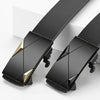 A close-up view of a black men's automatic buckle casual belt with a silver accent.