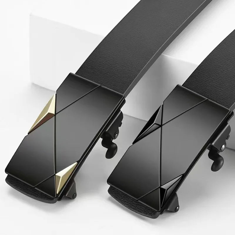 A close-up view of a black men's automatic buckle casual belt with a silver accent.