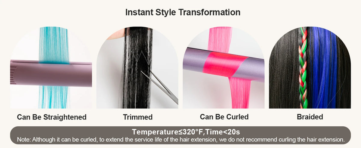 Démonstration de la transformation instantanée de style pour extensions de cheveux synthétiques, montrant lissage, coupe, bou