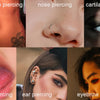 A collage showing various body piercings including belly button, nose, cartilage, tongue, ear, and eyebrow piercings.