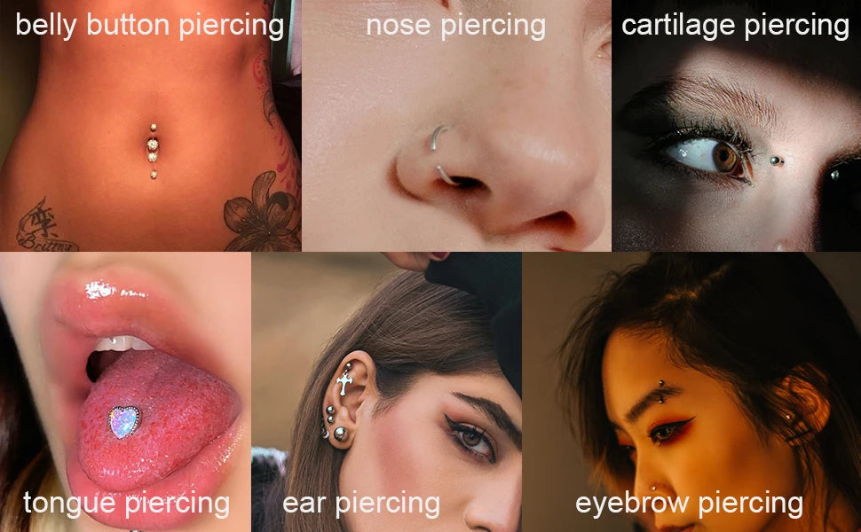 A collage showing various body piercings including belly button, nose, cartilage, tongue, ear, and eyebrow piercings.