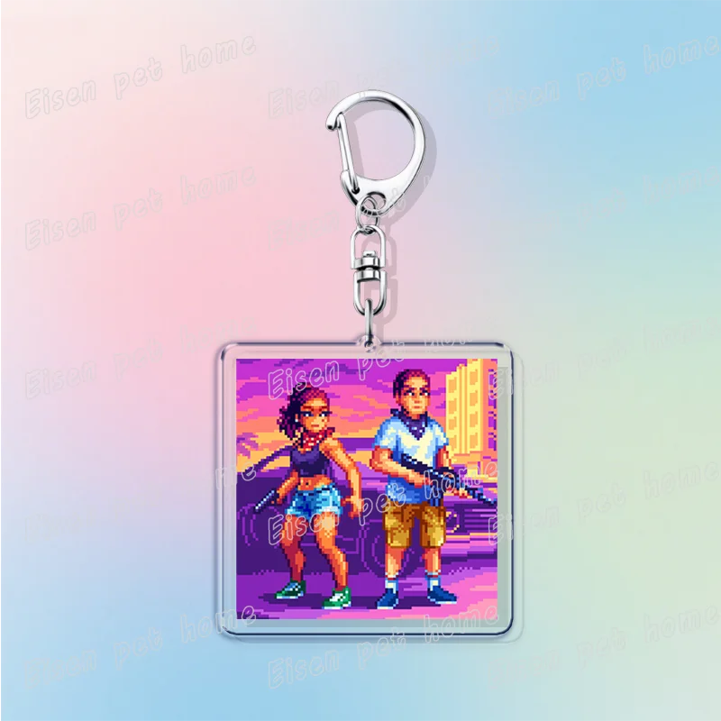 Silver keychain featuring a pixel art illustration of two characters from Retro Vice City
