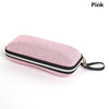 Pink anti-blue light metal eyewear with black trim and strap