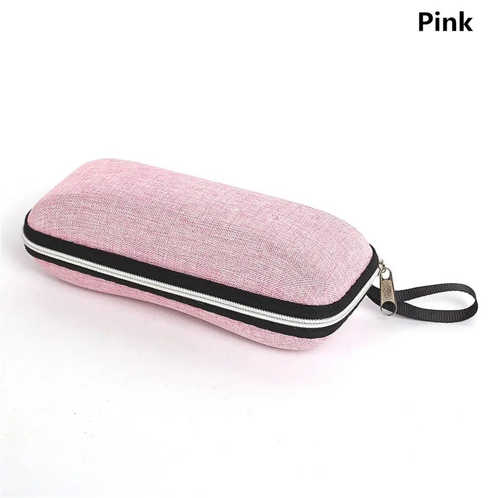 Pink anti-blue light metal eyewear with black trim and strap