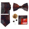 A set of men's formal tie and accessory featuring a dark red patterned tie, bow tie, and cufflinks.