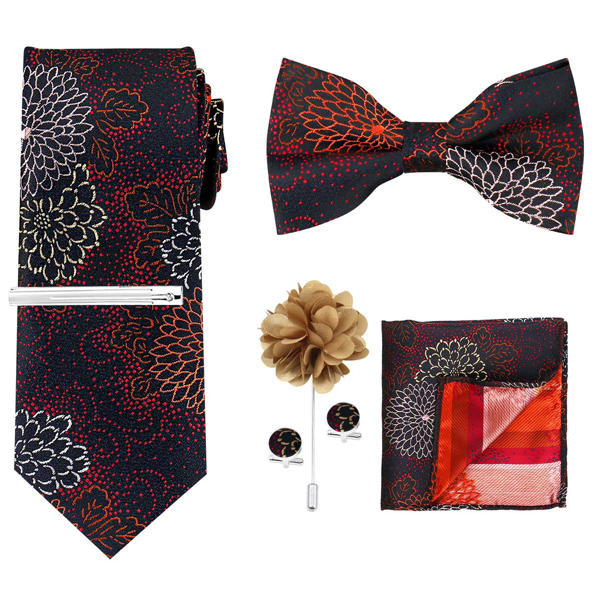 A set of men's formal tie and accessory featuring a dark red patterned tie, bow tie, and cufflinks.