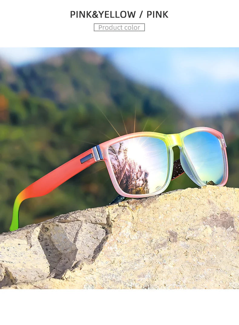 Pink and yellow gradient square polarized sunglasses resting on a rock outdoors.