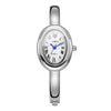 A silver-toned quartz watch with a round face and Roman numerals on a bracelet.