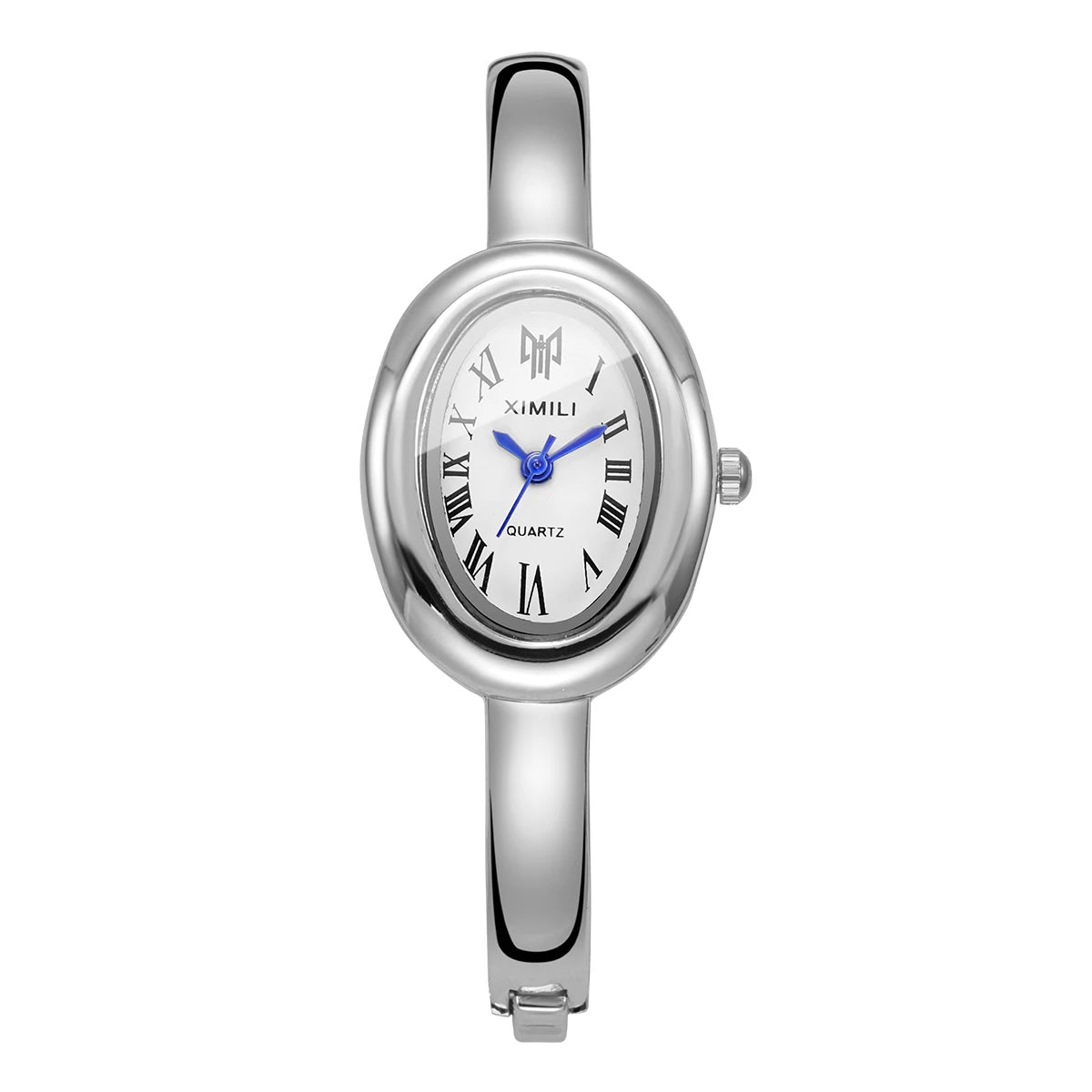 A silver-toned quartz watch with a round face and Roman numerals on a bracelet.