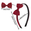 A maroon grosgrain ribbon hair bow shown with measurements for the bow and the elastic band.