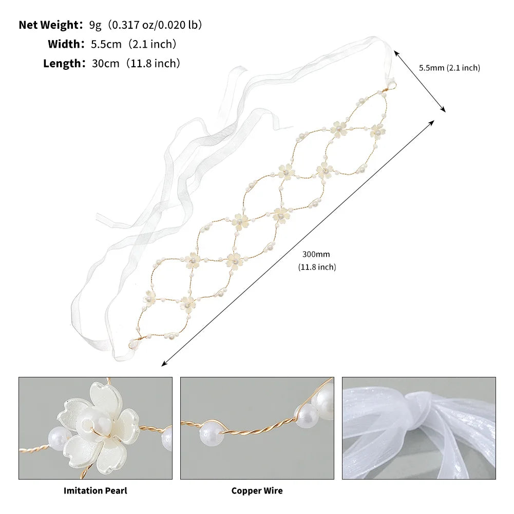 A delicate pearl hair net headband featuring a gold copper wire design and sheer white fabric.