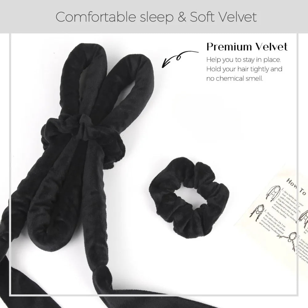Bandeau de fer à boucler sans chaleur en velours noir pour cheveux, avec instructions d'utilisation