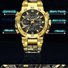 A gold-toned men's chronograph dive watch with a black and gold dial and textured strap, showing various functions.
