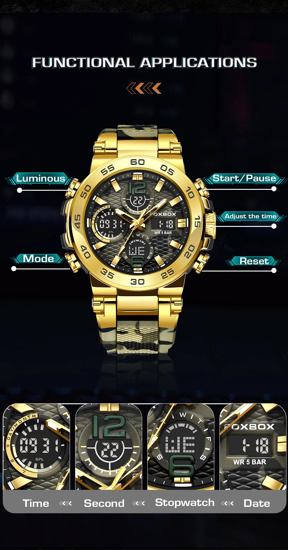 A gold-toned men's chronograph dive watch with a black and gold dial and textured strap, showing various functions.