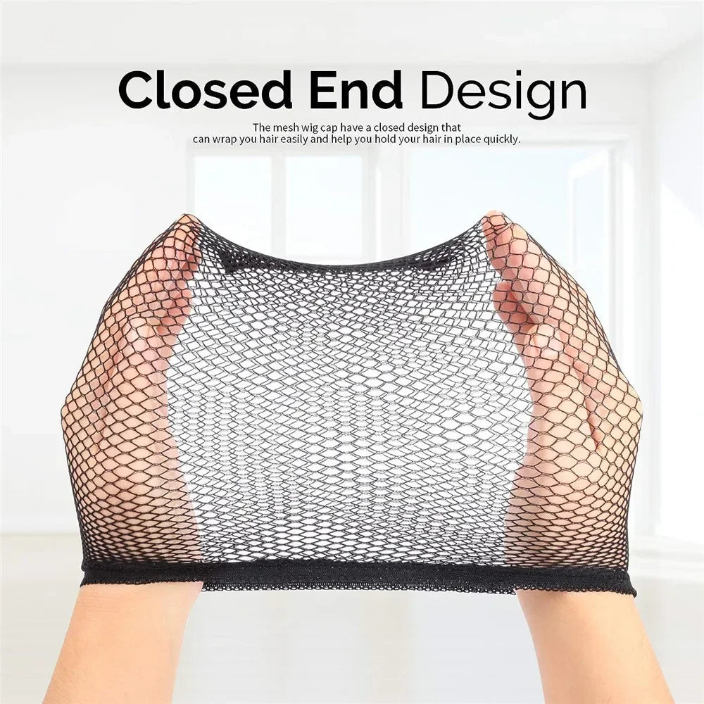 A close-end design black mesh wig cap liner being worn on a hand.