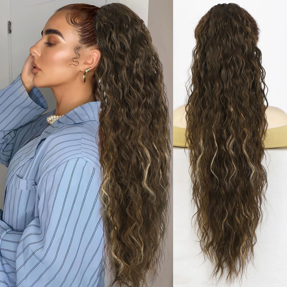 Une femme montre de longues extensions de cheveux bruns ondulés avec un chemisier rayé bleu.