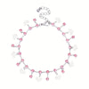 A silver stainless steel anklet featuring small blue rhinestones and heart-shaped pendants.