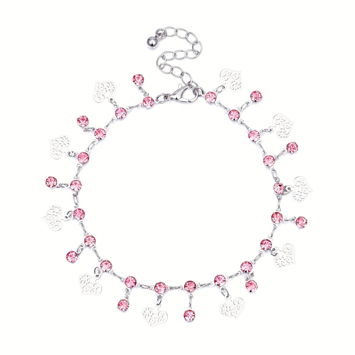 A silver stainless steel anklet featuring small blue rhinestones and heart-shaped pendants.