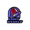 A vintage enamel pin featuring a red bell design with the text ISHIT MYSELF surrounding it.