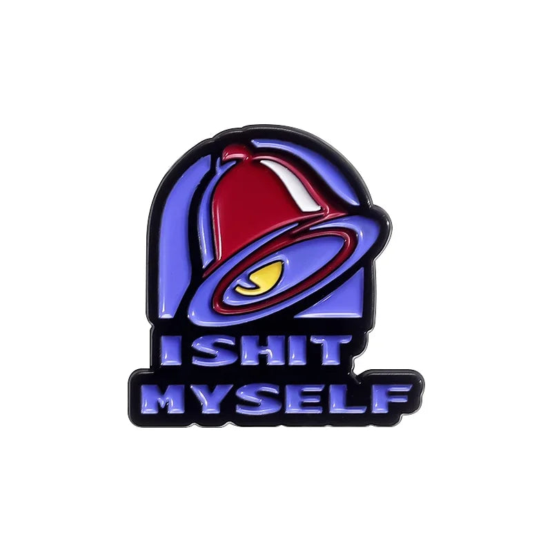 A vintage enamel pin featuring a red bell design with the text ISHIT MYSELF surrounding it.
