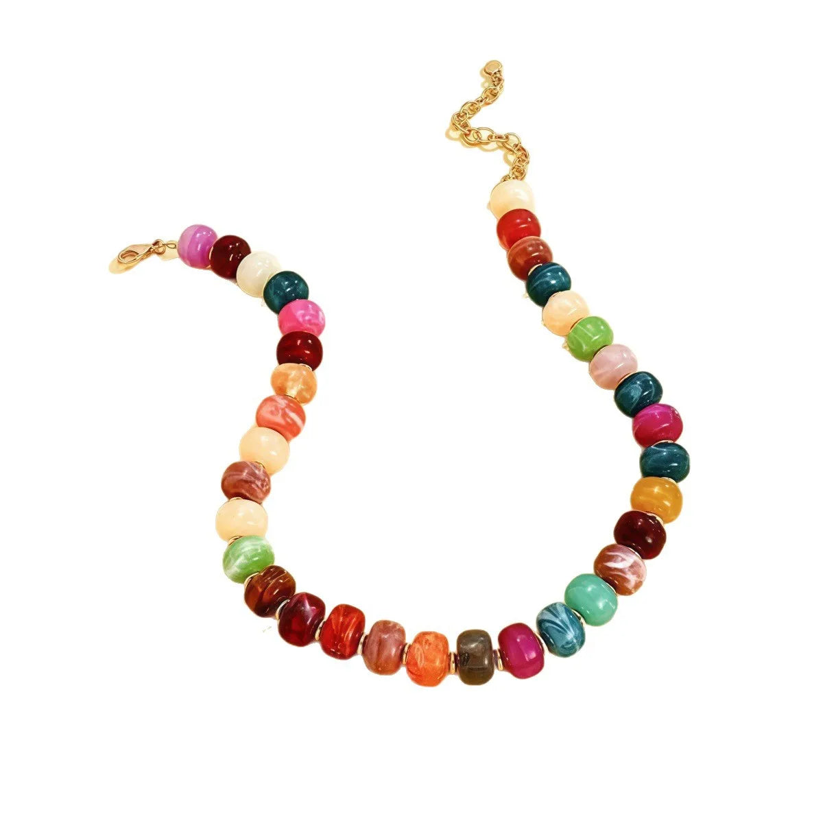 A colorful resin beaded statement choker necklace featuring various shades of pink, red, green, and yellow beads on a gold ch