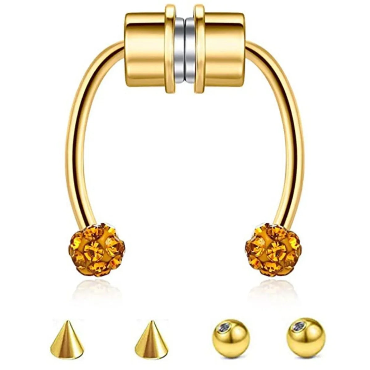 Gold-toned stainless steel nose ring hoop with a decorative gemstone charm and four small ball studs.