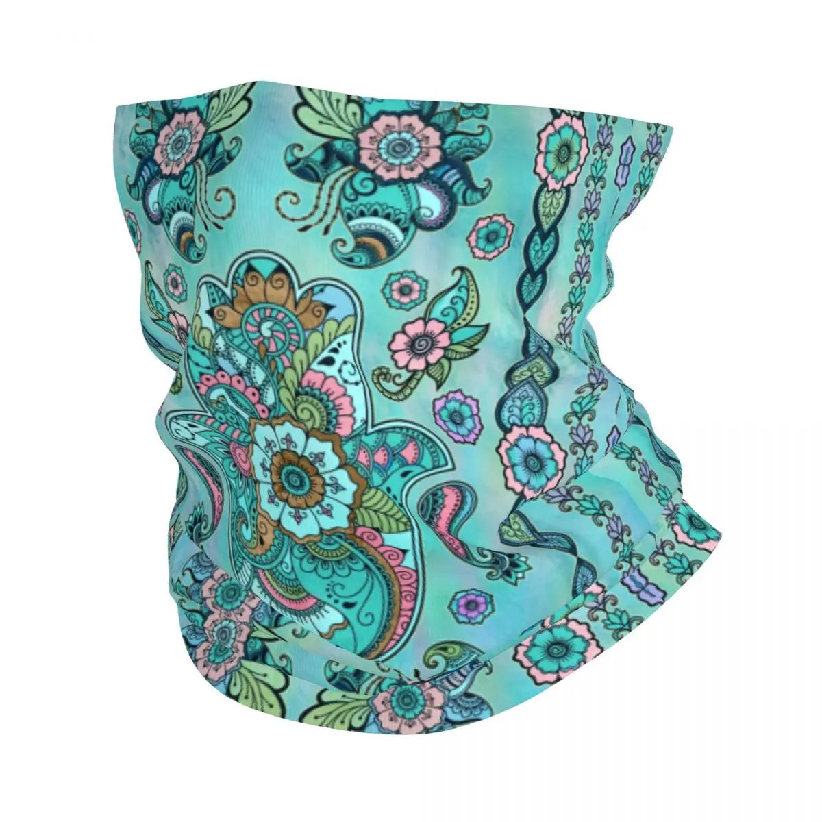 Bohemian hamsa hand bandana neck gaiter featuring teal and pink floral patterns