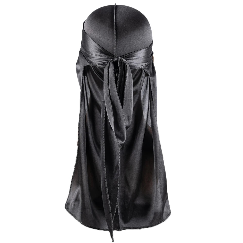 Black silky durag shower cap bandana tied at the neck