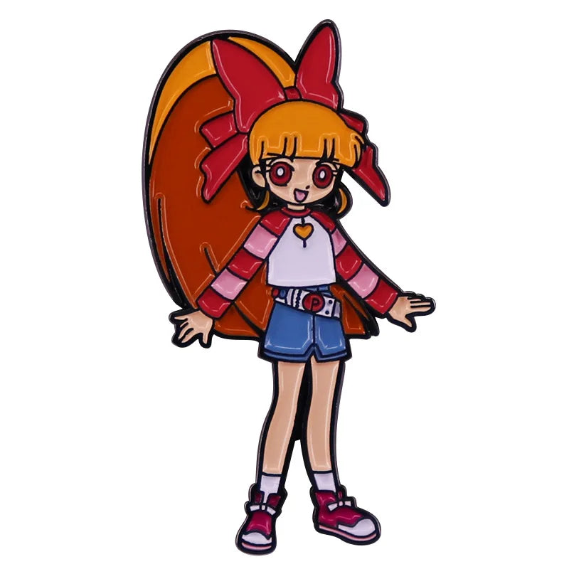 A cartoon character pin featuring orange hair, a pink bow, and a red and white striped outfit.