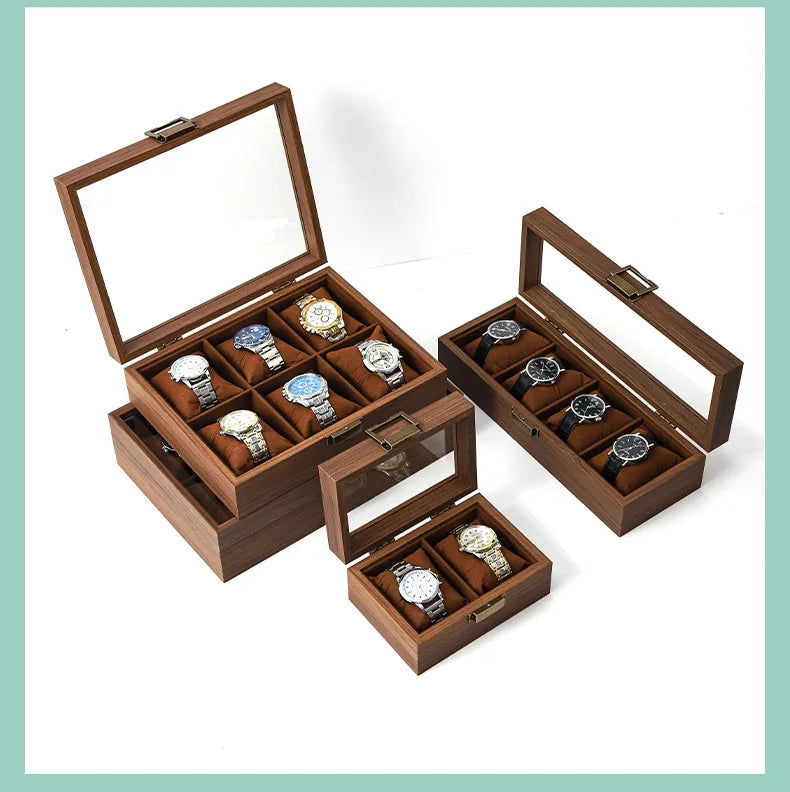 A wooden watch and jewelry display box with multiple slots for showcasing watches and accessories.
