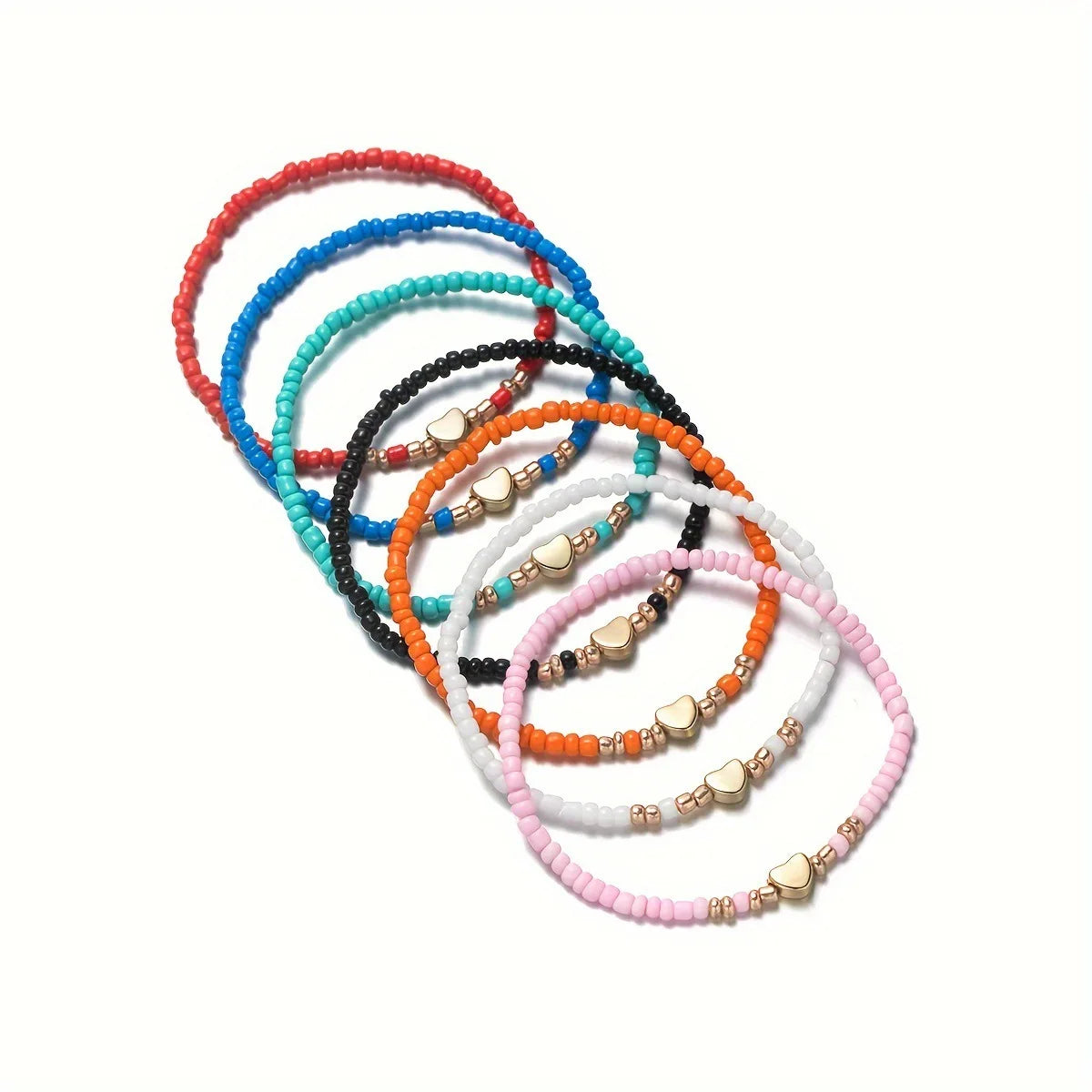 A collection of colorful resin beaded bracelets in various shades including blue, orange, pink, and black.