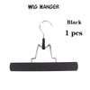 Black wig hanger with a wooden bar for holding hair extensions