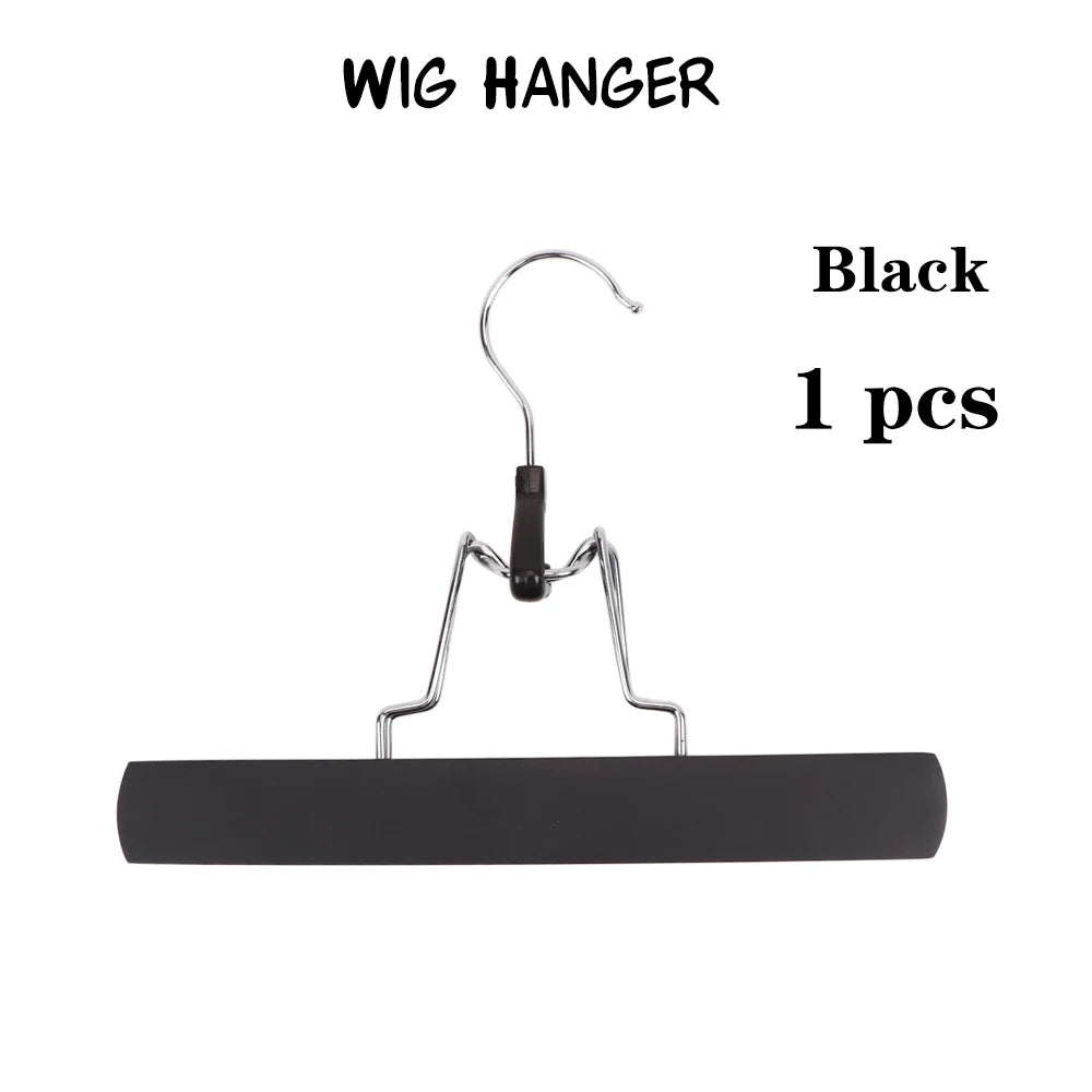 Black wig hanger with a wooden bar for holding hair extensions