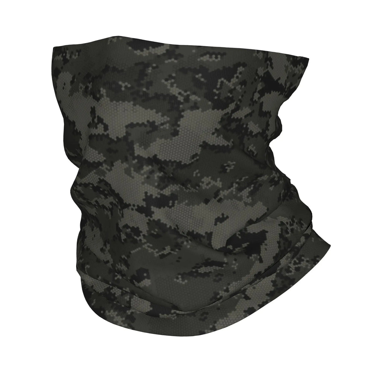 Una bufanda de cuello camuflada negra mostrada plana.