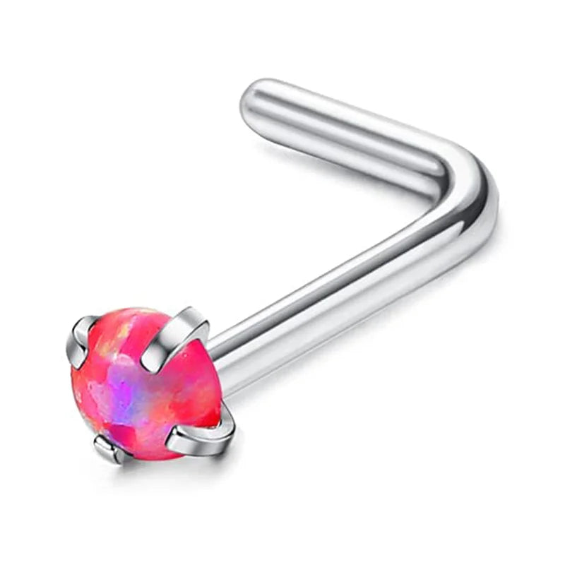 Surgical stainless steel nose piercing studs with a polished silver bar and a pink and purple gemstone head
