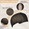 Peluca negra de malla con raya natural, mostrando detalles del diseño de ventilación y gancho ajustable.