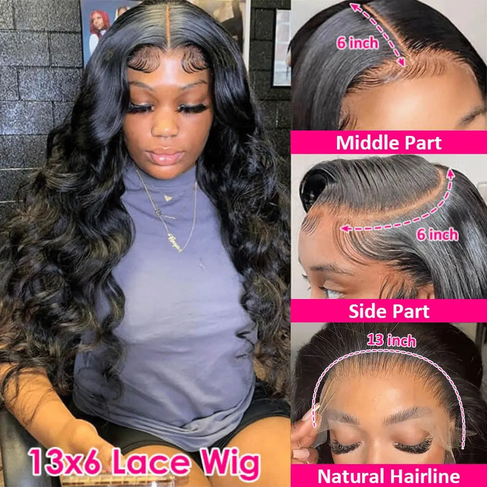 A close-up of a 13x6 Lace Wig with natural hairline and wavy dark hair shown in various parts.