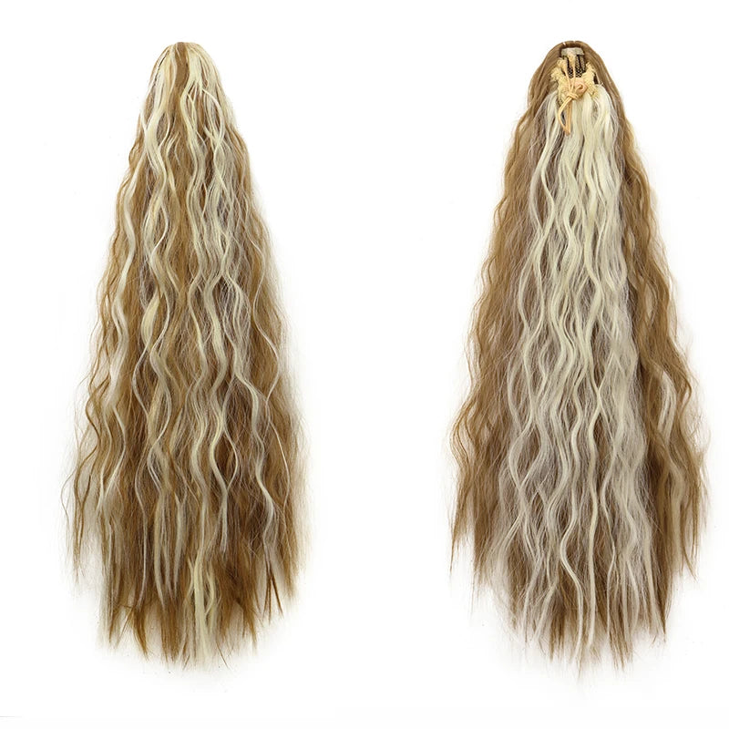 A pair of long, wavy brown and blonde hair extensions shown in a ponytail style.