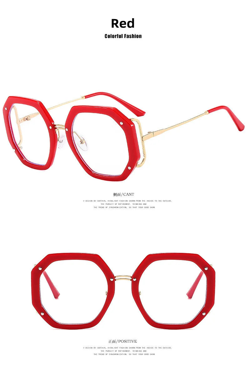 Red anti-blue light eyeglasses frame with gold accents shown in a studio setting