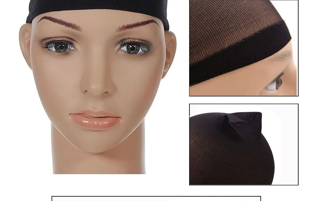 A display of a black stretchable mesh hair net for styling and accessories, shown on a mannequin head and as a separate piece