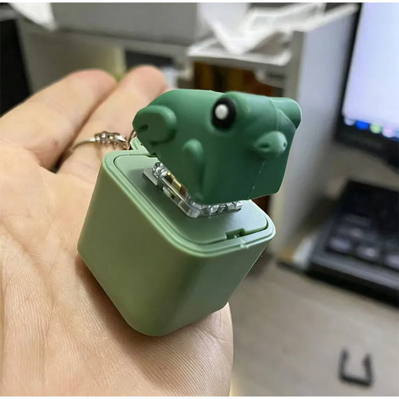 A hand holds a green fidget frog keychain with a black eye, used as a stress relief desk toy.