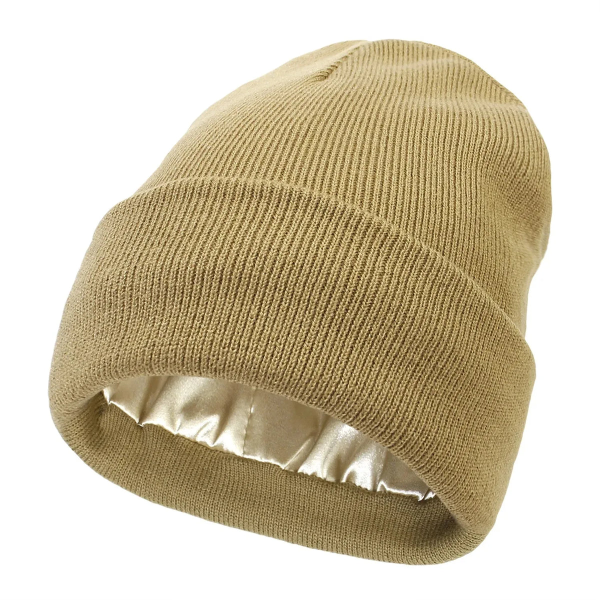 A beige knit beanie hat with a satin lining, shown from the side.