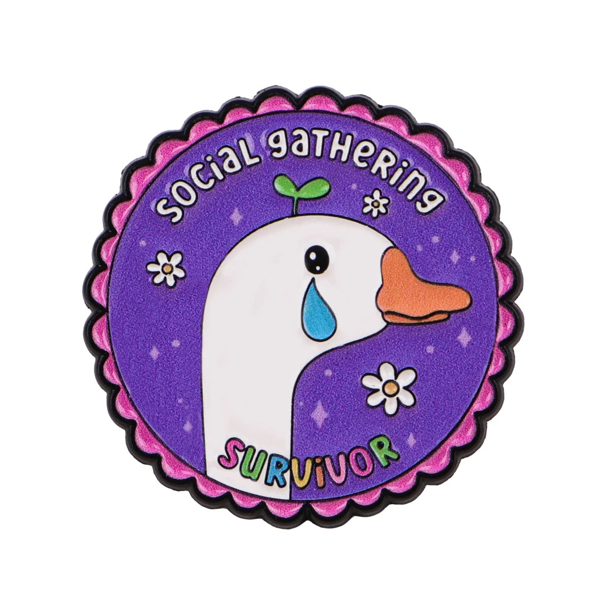 Enamel pin featuring a white goose head with a purple background and text reading Social Gathering Survivor