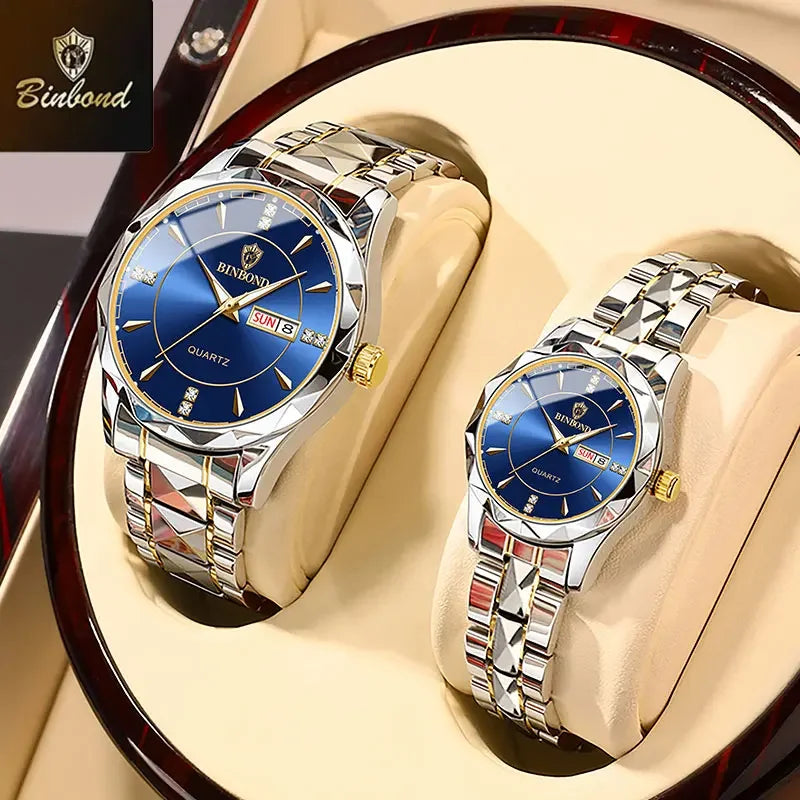 A pair of stainless steel quartz watches with blue dials and silver accents displayed on a light-colored surface.