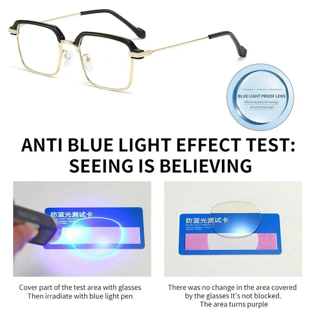 Test anti-lumière bleue montrant comment les lunettes bloquent la lumière bleue et transforment la zone en violet