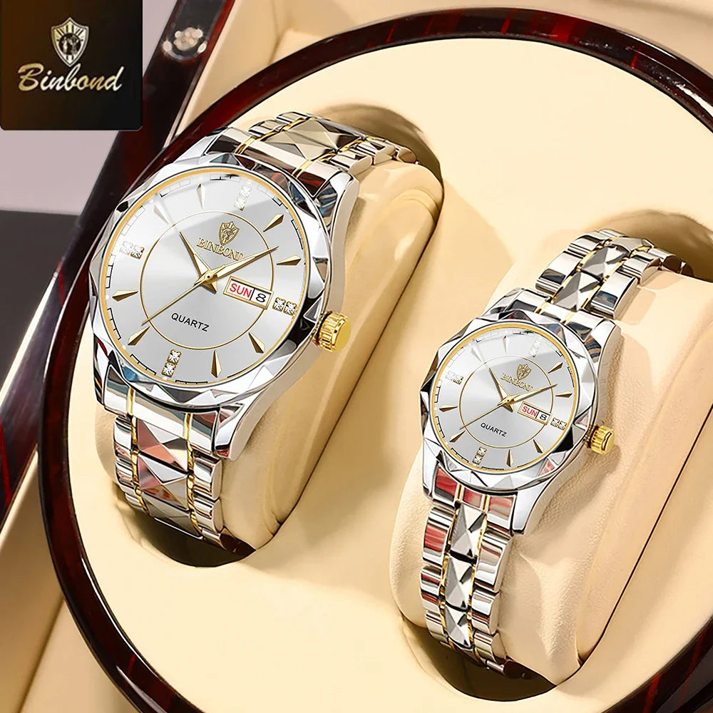 A pair of stainless steel quartz watches displayed in a wooden box with light-colored lining.