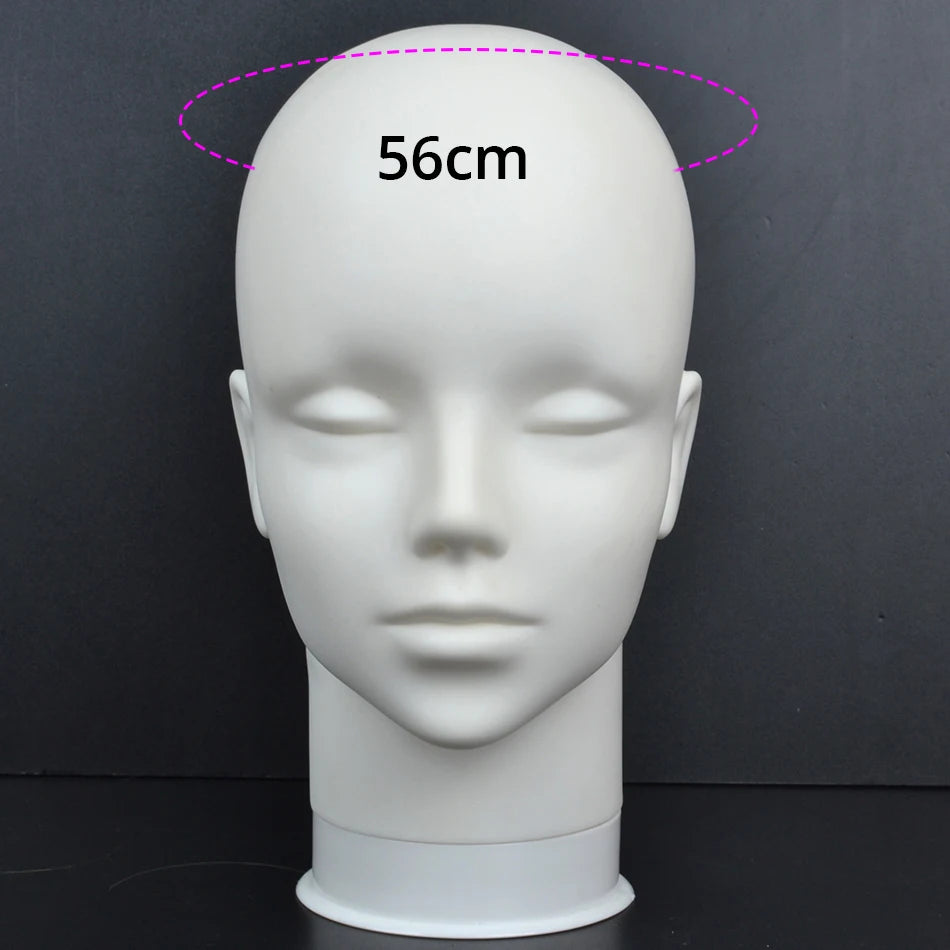 A white professional mannequin head with a measurement line indicating 56cm.