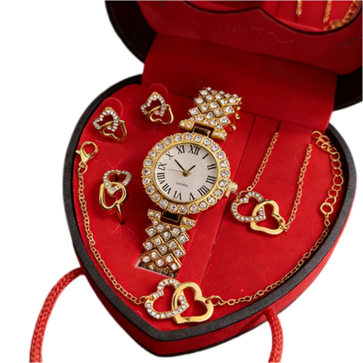 A red velvet jewelry box containing a set of gold and rhinestone heart-shaped women's necklaces and a watch.