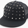Black flat hat baseball cap adorned with silver rivets and a mesh back